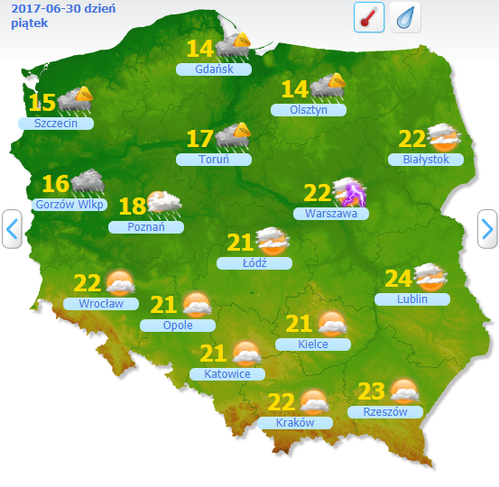 Mapa Polski - temperatury